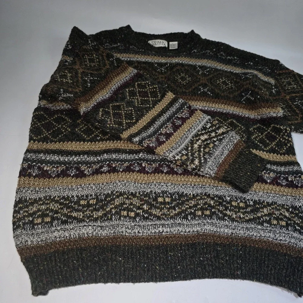 Vintage Prima Magalia Knit Sweater Mens L Brown Wool Blend Crew Neck Coogi Style